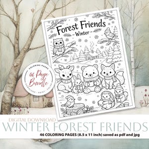 Può includere: Una pagina di libro da colorare in bianco e nero intitolata "Forest Friends - Winter" con animali del bosco come un cervo, un orso, una volpe e un gufo. La pagina include il testo "46 pagine da colorare (21,6 x 27,9 cm)" ed è un download digitale.