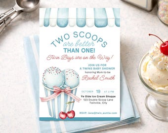 Two Scoops Twin Boy Baby Shower Invitation | Ice Cream Theme Boys | Editable Canva Template