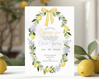 Can't Wait To Squeeze You Baby Shower Invite, Editable Printable Lemon Invitation, Canva Template