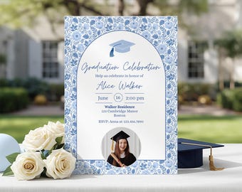Blue Toile Graduation Invitation - Elegant Grad Sign, Printable Invite & Grad Party Template
