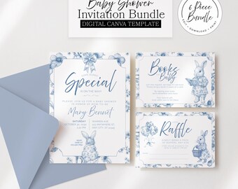 Peter Rabbit Baby Shower Invitation Bundle, Bunny Toile, Canva Template (Digital Download)
