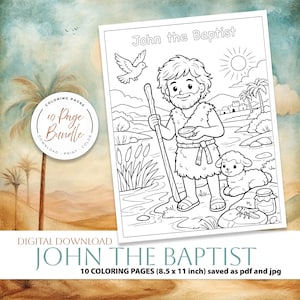 Bible Coloring Page, Sunday School Craft, Baptism Of Jesus, Homeschool Activity, St John The Baptist, Bible Story Activity, Bible Story For Kids, Kid Bible Activities, Christian Homeschool, Catholic Saint, Printable Coloring, Baptism Jesus Color, Catholic Homeschool, preparing the way, john the baptist in prison, the works of John the Baptist, Preaching, discipleship, locusts and wild honey, baptizing in the river, the gospel of john