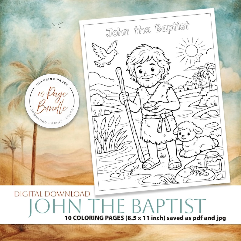 Bible Coloring Page, Sunday School Craft, Baptism Of Jesus, Homeschool Activity, St John The Baptist, Bible Story Activity, Bible Story For Kids, Kid Bible Activities, Christian Homeschool, Catholic Saint, Printable Coloring, Baptism Jesus Color, Catholic Homeschool, preparing the way, john the baptist in prison, the works of John the Baptist, Preaching, discipleship, locusts and wild honey, baptizing in the river, the gospel of john