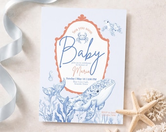 Blue Toile Sea You Soon Baby Shower, Toile Sea You Soon Baby Decor, Toile Under the Sea, Coastal Editable Invitation, Instant Download