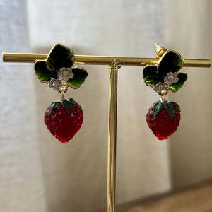 Strawberry Earrings – Red Berry with Green Leaves and Floral Detail – Cute Summer Jewelry