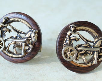 Large Wooden Cufflinks Horse & Buggy Motif Vintage Pat. 2472958
