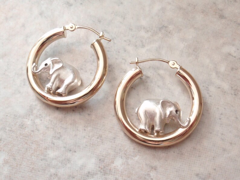 Elephant Hoop Earrings 14K Gold Sterling Vintage V0798 Etsy