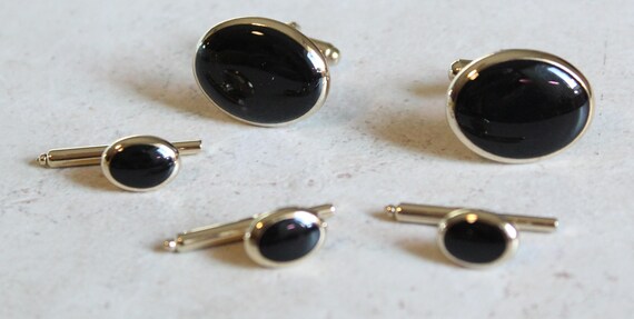 Button Stud and Cufflink Set Black Enamel Gold To… - image 1