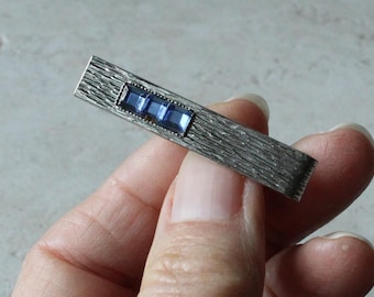 Silver Tone Tie Clasp Clip with Square Blue Rhinestones Vintage Men's Accessories