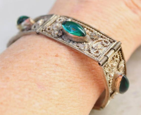Middle Eastern Panel Bracelet Green Marquise Glas… - image 3