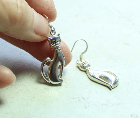 Sitting Cat Earrings Sterling Silver Tall Thin Mirror Image Vintage
