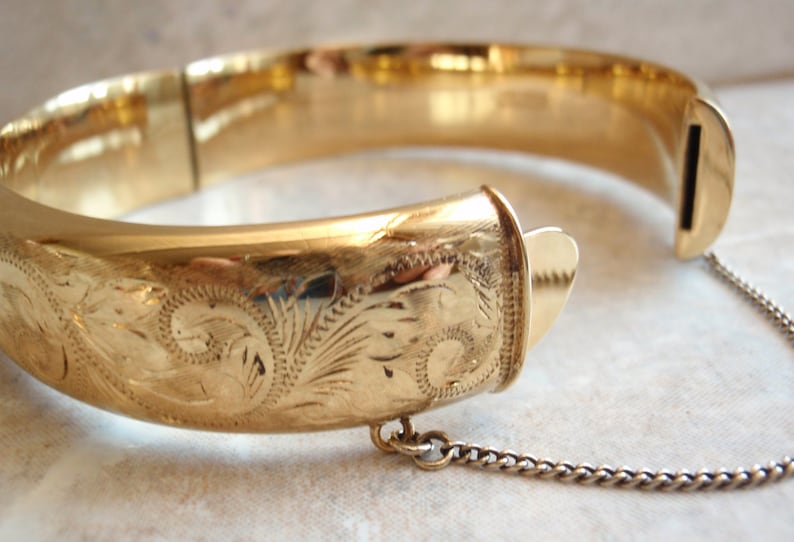 18k Rolled Gold Engraved Wide Bangle Bracelet Made in England Etsy