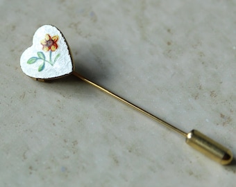 Heart Stickpin Locket Two Photos Guilloche Floral White Yellow Enamel Vintage