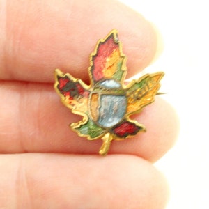May include: A gold-toned metal brooch shaped like a maple leaf, featuring colorful enamel detailing in shades of red, green, yellow, and blue. The center of the leaf displays a circular emblem with a blue and white design, finished with a pin back.