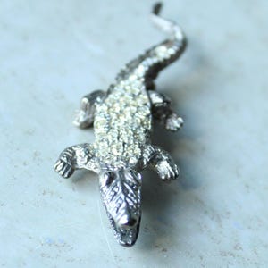 May include: A silver-toned alligator figurine, encrusted with small, sparkling crystals. The reptile is depicted with detailed scales and a slightly curved tail. The figurine is a decorative item, possibly a brooch or pendant.