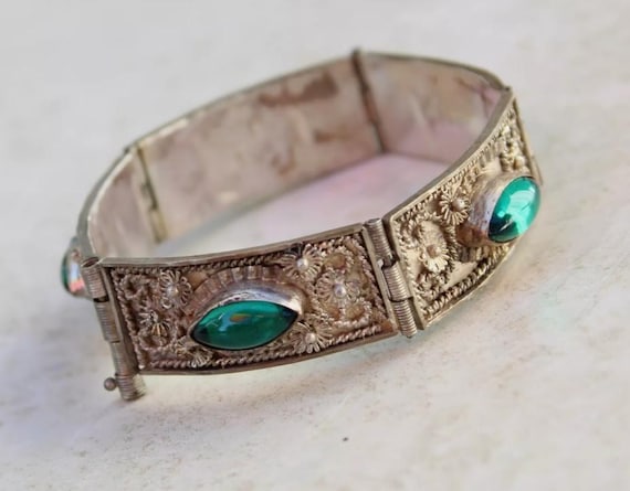 Middle Eastern Panel Bracelet Green Marquise Glas… - image 1