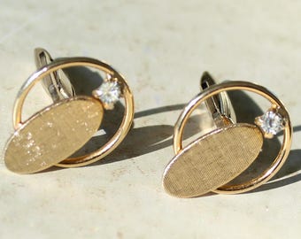 Vintage Rhinestone Cufflinks Modernist Florentine Finish Gold Tone