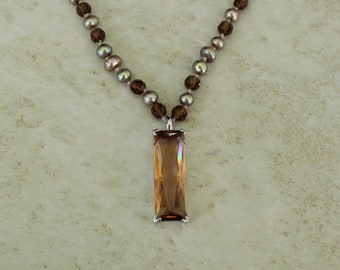 Root Beer Brown Cubic Zirconia Choker Necklace with Pearls Sterling Silver Elongated Scissor Cut Stone Vintage