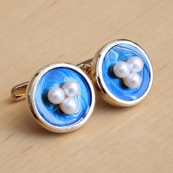 Blue Guilloche Cufflinks Round Natural Pearls Japanese Hallmarks Vintage