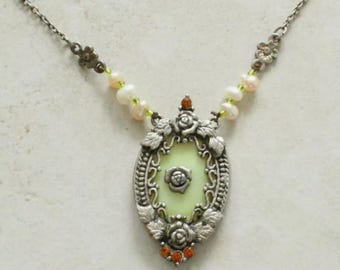 Cameo Style Necklace Pewter Color Green Floral Rhinestones Pearls 16" Vintage