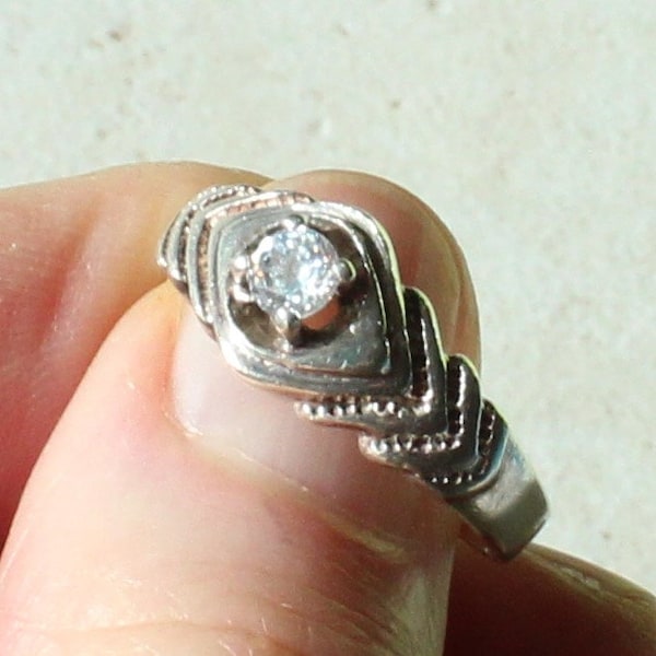 Clear Cubic Zirconia Ring Geometric Stacked Look Sterling Silver 4mm Stone Size 7 Vintage