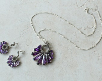 Purple Corundum Necklace Earring Set Sterling Silver Narrow Teardrop Unique Marcasites Vintage