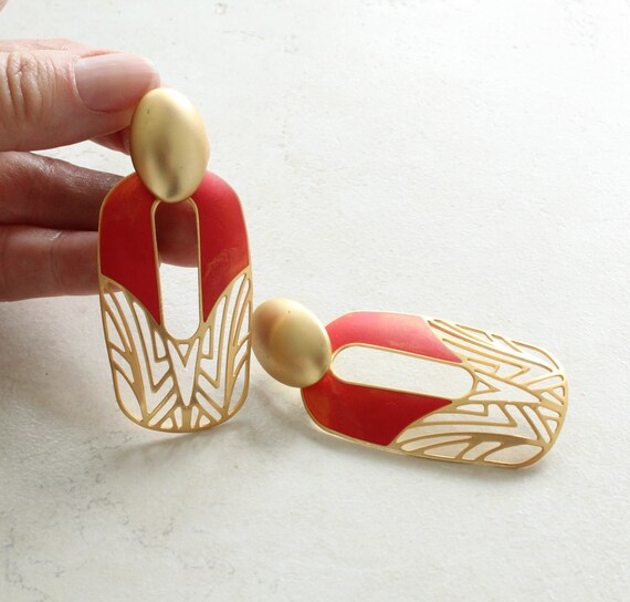 Berebi Brushed Gold Earrings Cutout Red Enamel Pi… - image 2