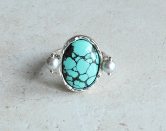 Turquoise Pearl Ring Sterling Silver Hand Made Size 7 1/2