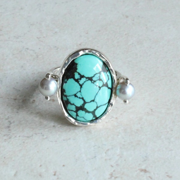 Turquoise Pearl Ring Sterling Silver Hand Made Size 7 1/2