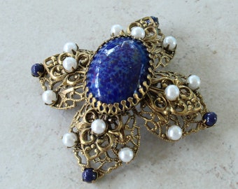 Maltese Cross Brooch Pendant Filigree Blue Glitter Art Glass Pearls Vintage