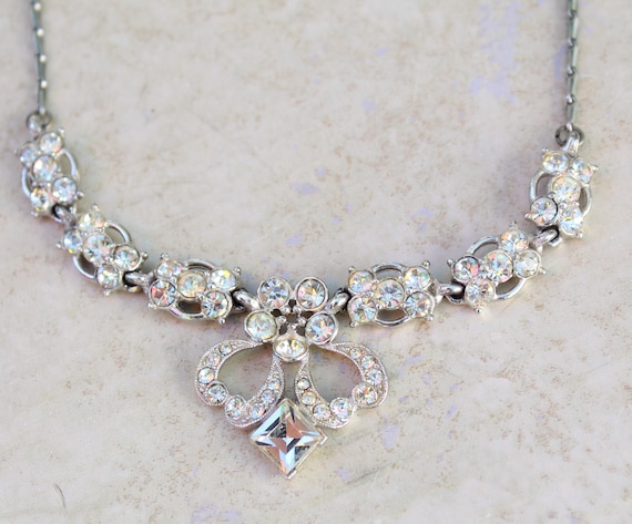 Bogoff Clear Rhinestone Bib Necklace Square Focal… - image 2