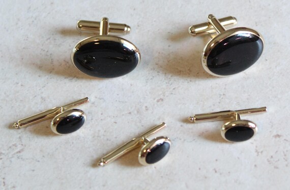 Button Stud and Cufflink Set Black Enamel Gold To… - image 3