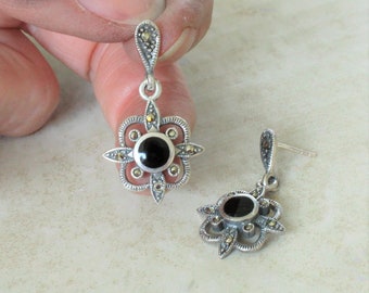 Black Onyx Earrings Sterling Silver Marcasite Accents Posts Vintage