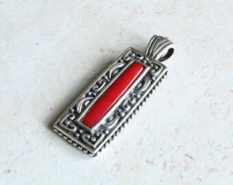 Red Coral Pendant Rectangular Fancy Sterling Silver Vintage