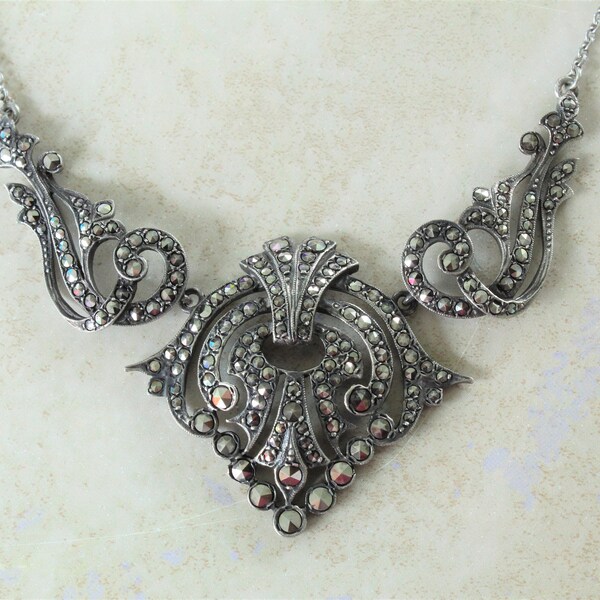 Sterling Silver Marcasite Necklace 16 Inch Art Deco Vintage