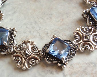 Blue Spinel Bracelet Synthetic Princess Cut Marcasite Accents Sterling Silver Vintage