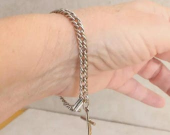 Cross Dangle Rosary Bracelet Silver Tone with Crucifix 7 Inch Vintage