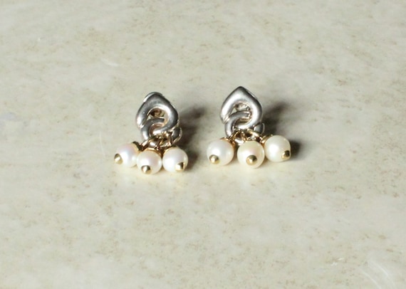 Pearl Dangle Earrings Two Tone Sterling Silver Cl… - image 3