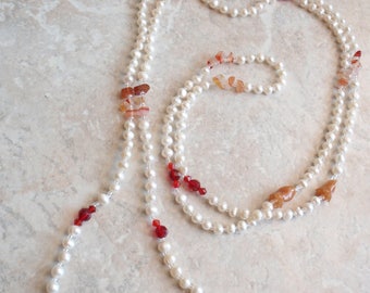 Pearl Lariat Necklace 54 Inches Agate Pieces Red Glass Beads Vintage