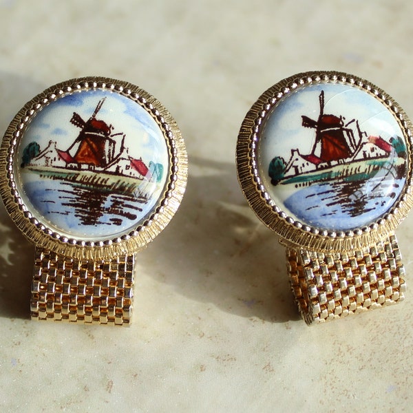 Swank Colored Delft Cufflinks Large Round Windmill Holland Dutch Vintage