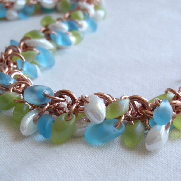 Copper Beaded Bracelet Shaggy Loops Sea Glass Colored Magatama Beads