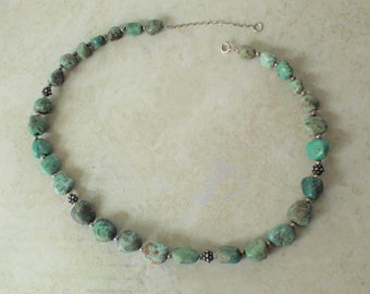 Turquoise Nugget Necklace Sterling Silver Findings Greens Browns Vintage