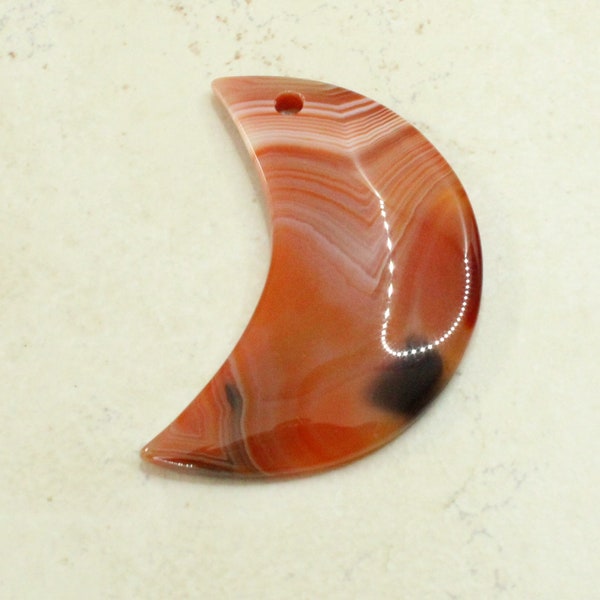 Banded Agate Focal Bead Pendant Large Crescent Shape Orange Black White 48mmX23mmX5mm