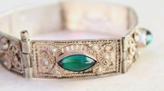 Middle Eastern Panel Bracelet Green Marquise Glas… - image 4