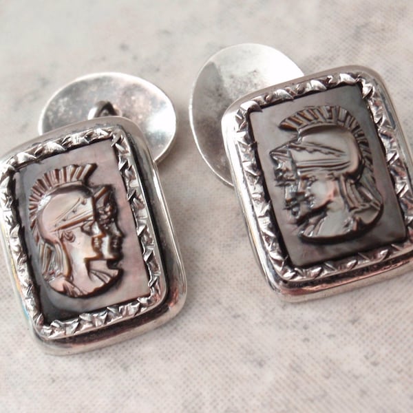 Roman Centurion Cufflinks 900 Silver Black Mother of Pearl Carved Vintage