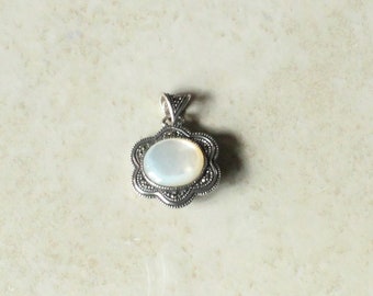 Double Sided Pendant Sterling Silver Mother of Pearl Marcasites Large Scalloped Vintage