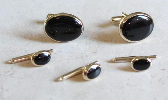 Button Stud and Cufflink Set Black Enamel Gold To… - image 2