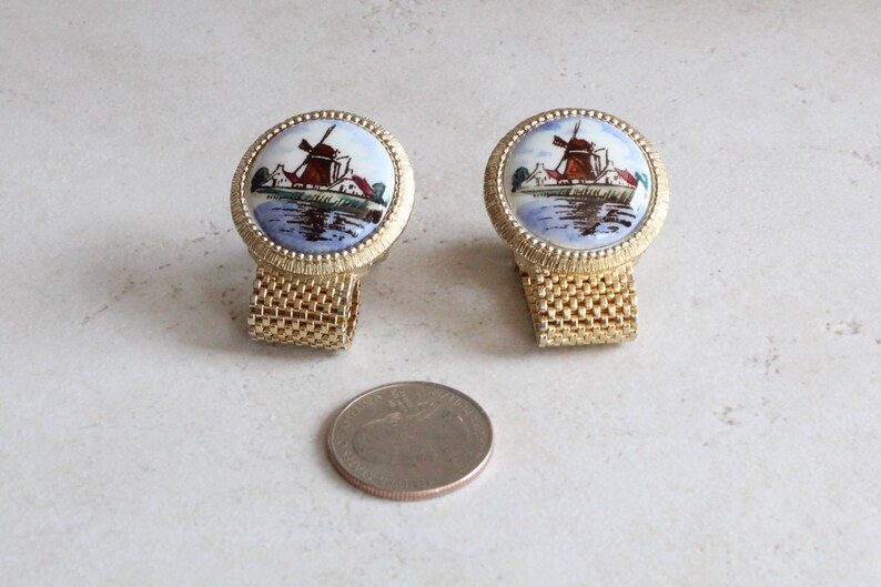 Delft Cufflinks Colored Handpainted Ceramic Gold Tone Mesh Wrap Swank Vintage