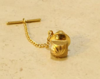 Domed Tie Tack Square Gold Tone with Button Stay Pinwheel Lines Vintage