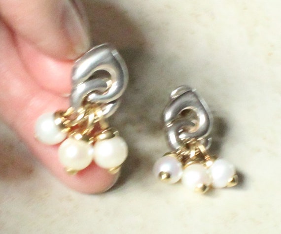 Pearl Dangle Earrings Two Tone Sterling Silver Cl… - image 2